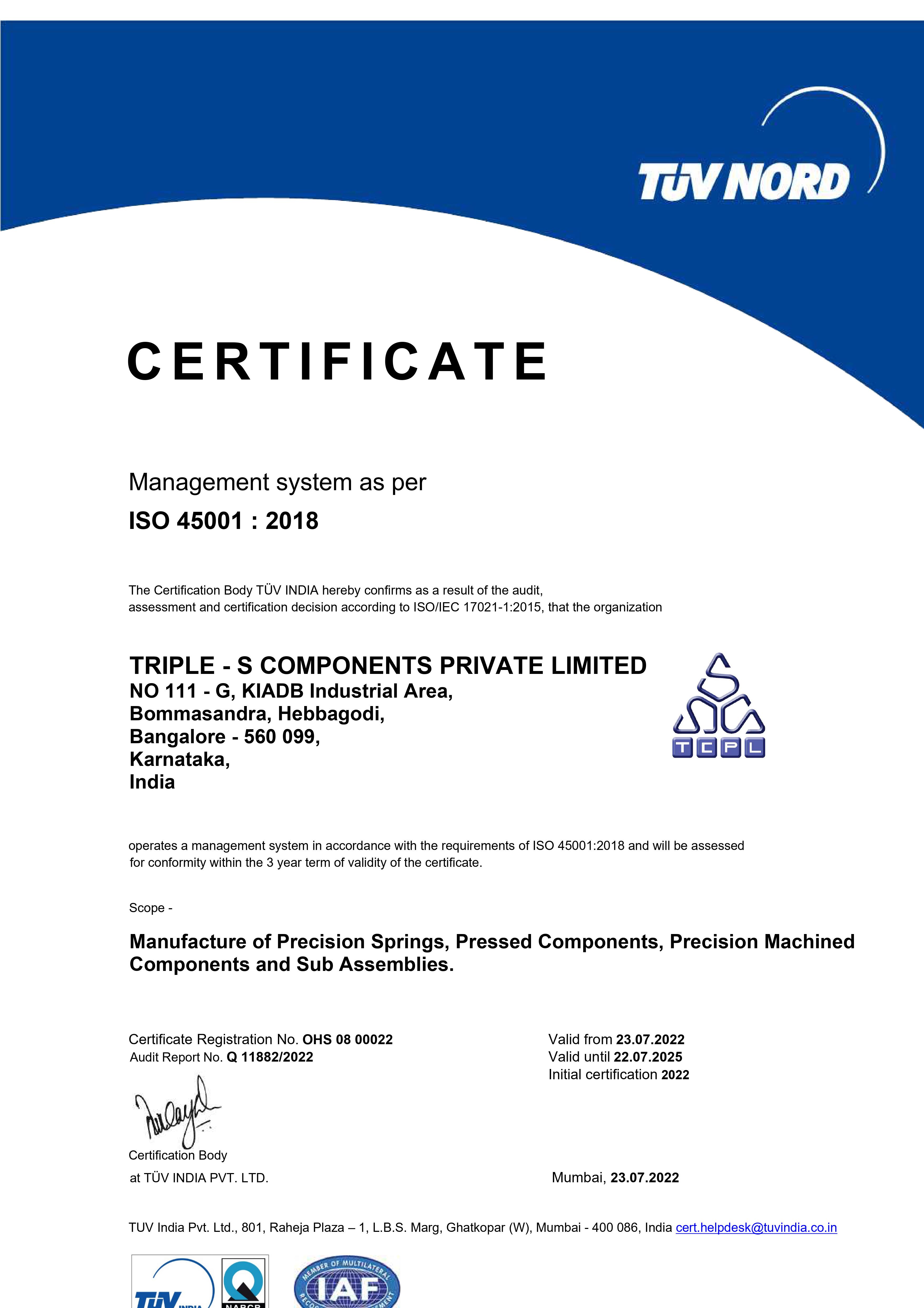 ISO 45001-2018 TRIPLE-S COMPONENTS